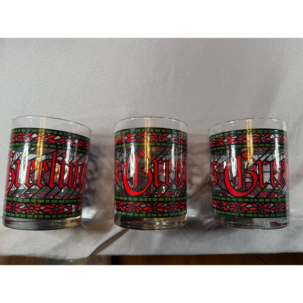 Vintage Seasons Greetings Stained Glass Christmas Lowball Rocks Glasses Set of 3